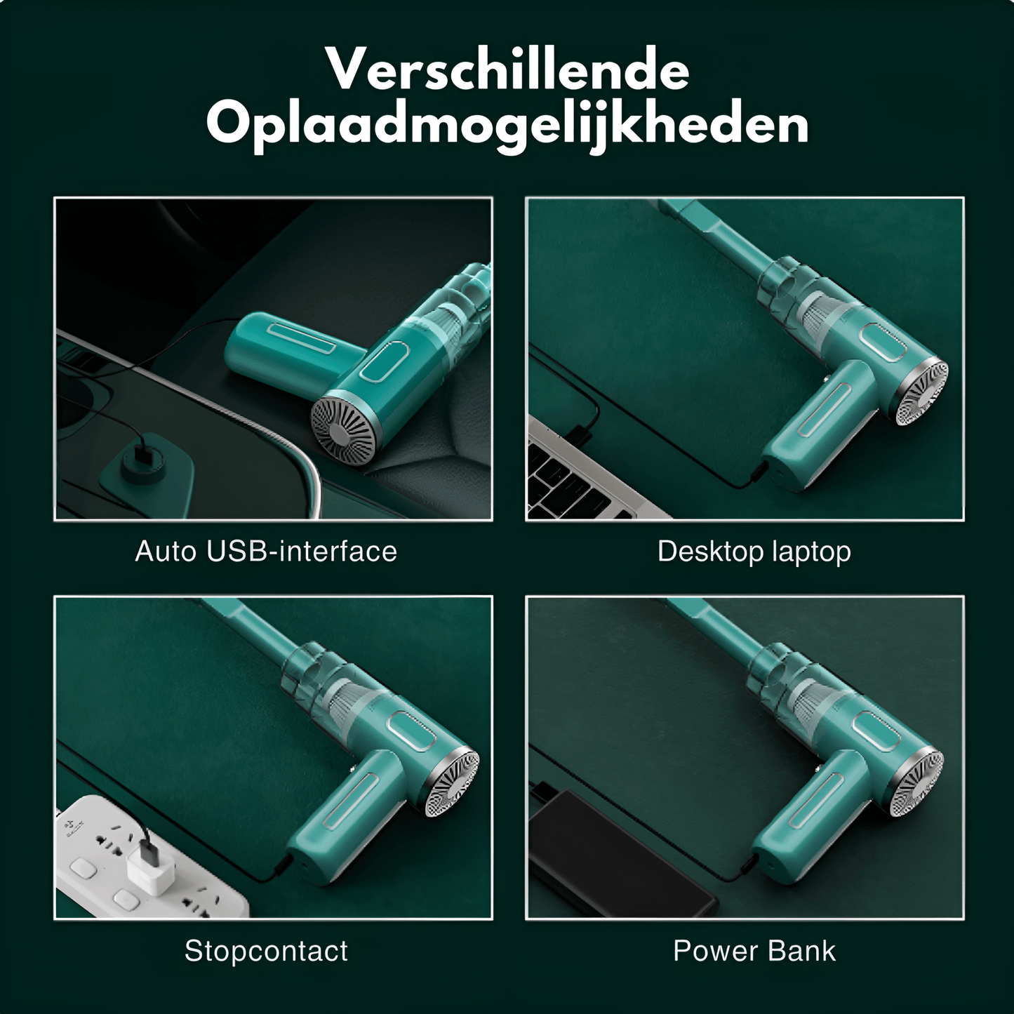 "Draadloze auto stofzuiger met krachtige zuiging, gestroomlijnd design, zwart en groen, compact en gemakkelijk hanteerbaar."