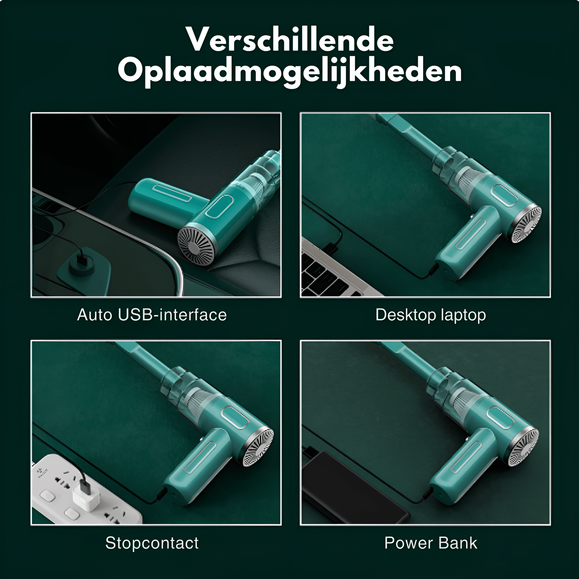 "Draadloze auto stofzuiger met krachtige zuiging, gestroomlijnd design, zwart en groen, compact en gemakkelijk hanteerbaar."
