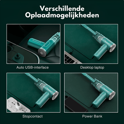 "Draadloze auto stofzuiger met krachtige zuiging, gestroomlijnd design, zwart en groen, compact en gemakkelijk hanteerbaar."