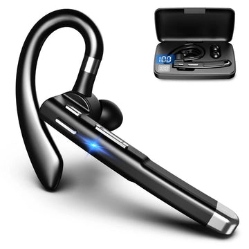 "Draadloze Bluetooth 5.1 headset met dual-mic, ergonomische oorhaak, en aanpasbare microfoonarm voor ultiem comfort."