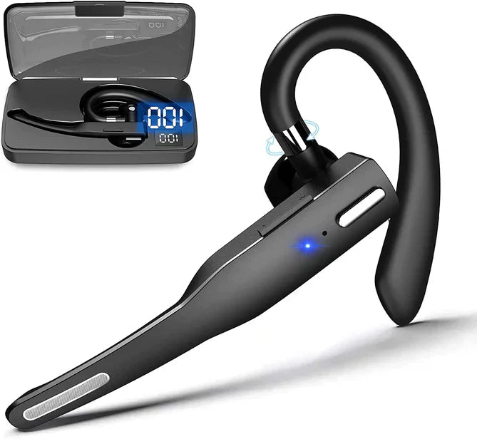 "Draadloze Bluetooth 5.1 headset met dual-mic, ergonomische oorhaak, en aanpasbare microfoonarm voor ultiem comfort."