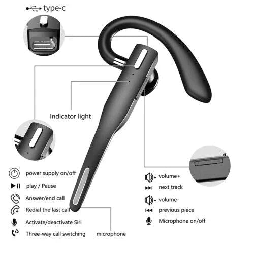 "Draadloze Bluetooth 5.1 headset met dual-mic, ergonomische oorhaak, en aanpasbare microfoonarm voor ultiem comfort."