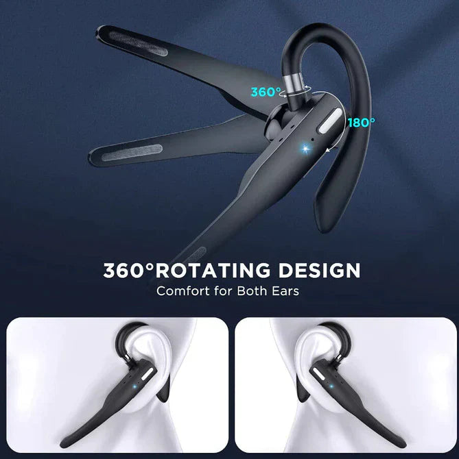 "Draadloze Bluetooth 5.1 headset met dual-mic, ergonomische oorhaak, en aanpasbare microfoonarm voor ultiem comfort."