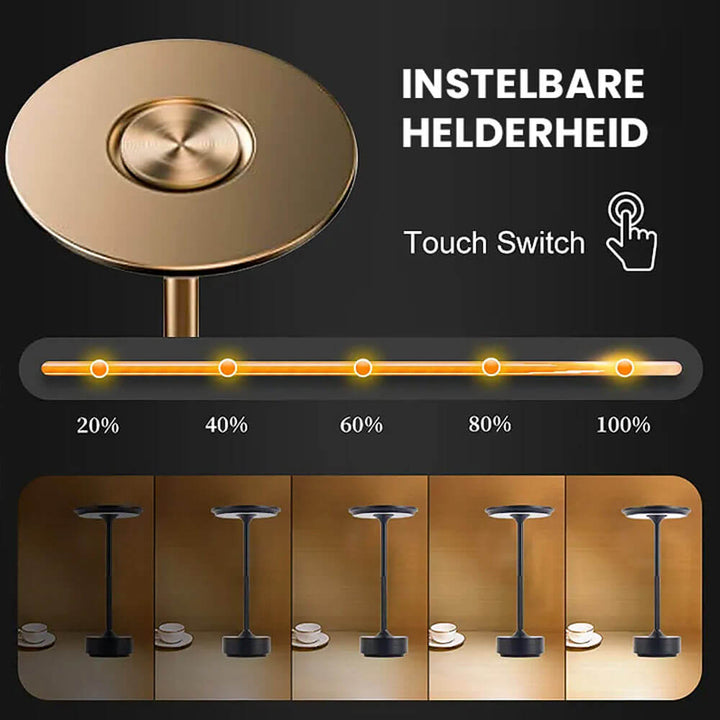 Gouden oplaadbare LED tafellamp, dimbaar en draagbaar, voegt een luxe touch toe aan elk interieur.