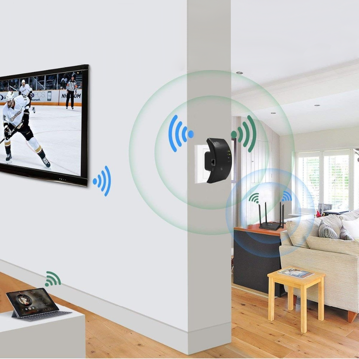 Strak ontworpen wifi-versterker (zwart/wit) met externe antennes voor maximaal bereik van je thuisnetwerk.