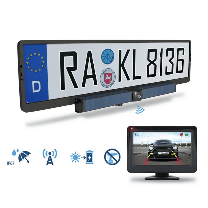 Waterdichte (IP67) draadloze achteruitrijcamera met nachtzicht, zonne-energie, geschikt voor elk voertuig.