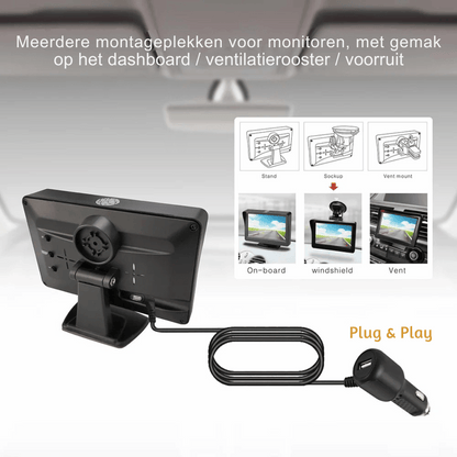 Draadloze zonne-energie HD achteruitrijcamera, 1080P resolutie, 4.3-inches monitor, IP67 waterdicht, 140° kijkhoek.