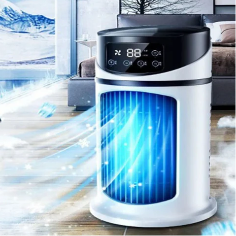 Compacte draagbare airco voor persoonlijke verkoeling in kantoor of slaapkamer. Stille mini airconditioner met luchtbevochtiger.