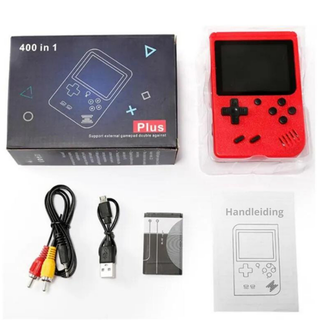 Een compacte, draagbare gamingconsole, ideaal voor urenlang speelplezier met 400+ nostalgische spellen.