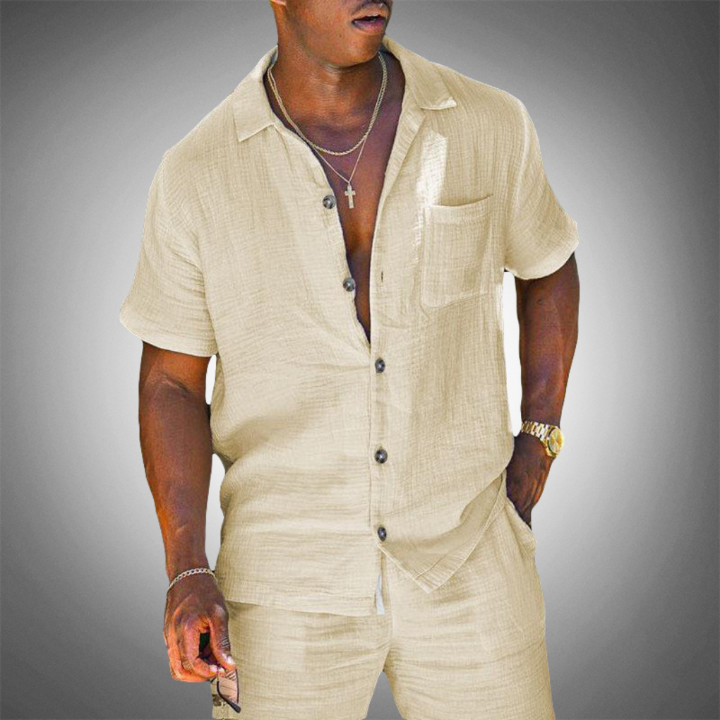Stijlvolle heren tweedelige lente/zomer set. Gebreide beige casual outfit van polyester/elastaan, ideaal voor comfort & vrije tijd.