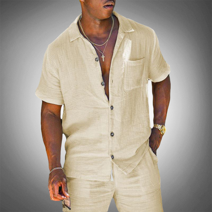 Stijlvolle heren tweedelige lente/zomer set. Gebreide beige casual outfit van polyester/elastaan, ideaal voor comfort & vrije tijd.