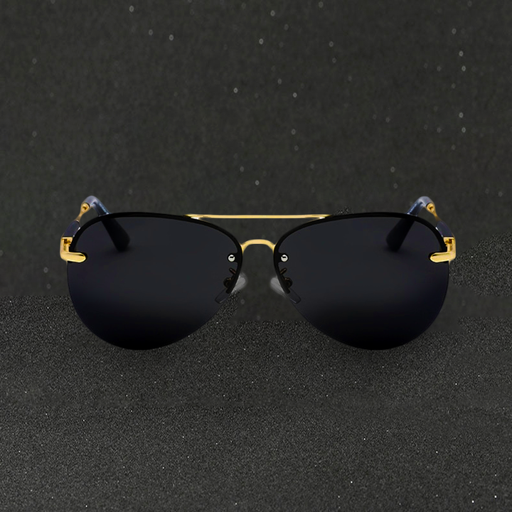 Modieuze zwarte unisex aviator zonnebril met goudkleurig montuur en gepolariseerde glazen voor optimale bescherming.