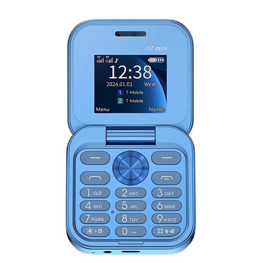 Achterkant van de compacte Dual SIM klaptelefoon met geïntegreerde camera.