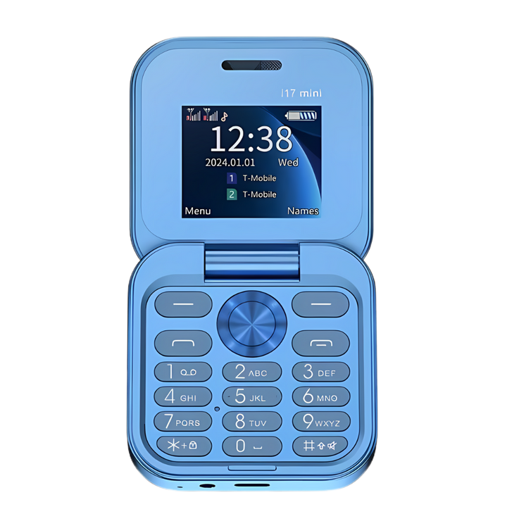 Achterkant van de compacte Dual SIM klaptelefoon met geïntegreerde camera.