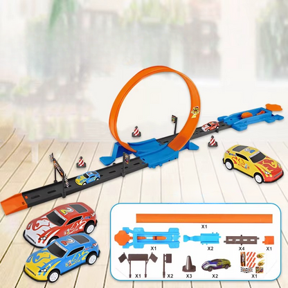 "Dubbel Racebaan Set met kleurrijke auto's, scherpe bochten en loopings voor kinderen, educatief, creatief speelplezier"