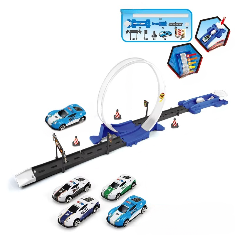 "Dubbel Racebaan Set met kleurrijke auto's, scherpe bochten en loopings voor kinderen, educatief, creatief speelplezier"