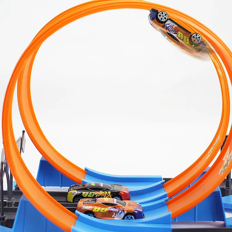 "Dubbel Racebaan Set met kleurrijke auto's, scherpe bochten en loopings voor kinderen, educatief, creatief speelplezier"