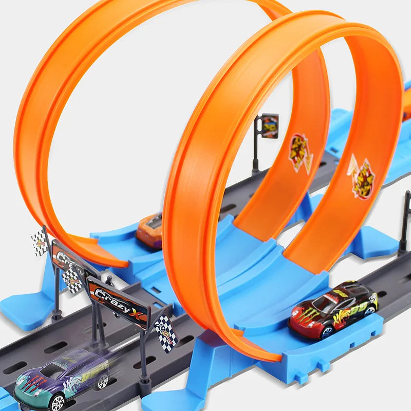 "Dubbel Racebaan Set met kleurrijke auto's, scherpe bochten en loopings voor kinderen, educatief, creatief speelplezier"