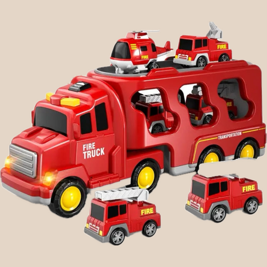 "Dubbellaagse vrachtwagen speelset met brandweer- en bouwvoertuigen en muziek, speelgoed voor avontuurlijke kinderen."