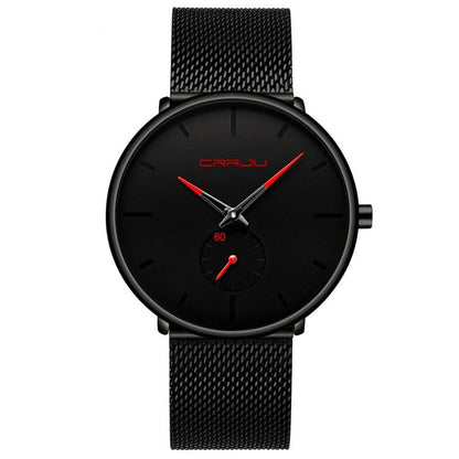 "Dun minimalistisch herenhorloge met elegante zwarte wijzerplaat, roestvrijstalen mesh-band en luxe uitstraling."