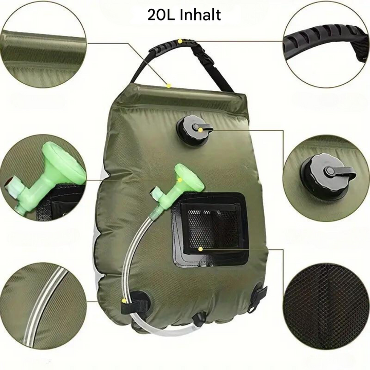 Handige outdoor douche voor kamperen en reizen. 20L capaciteit voor warm water onderweg.