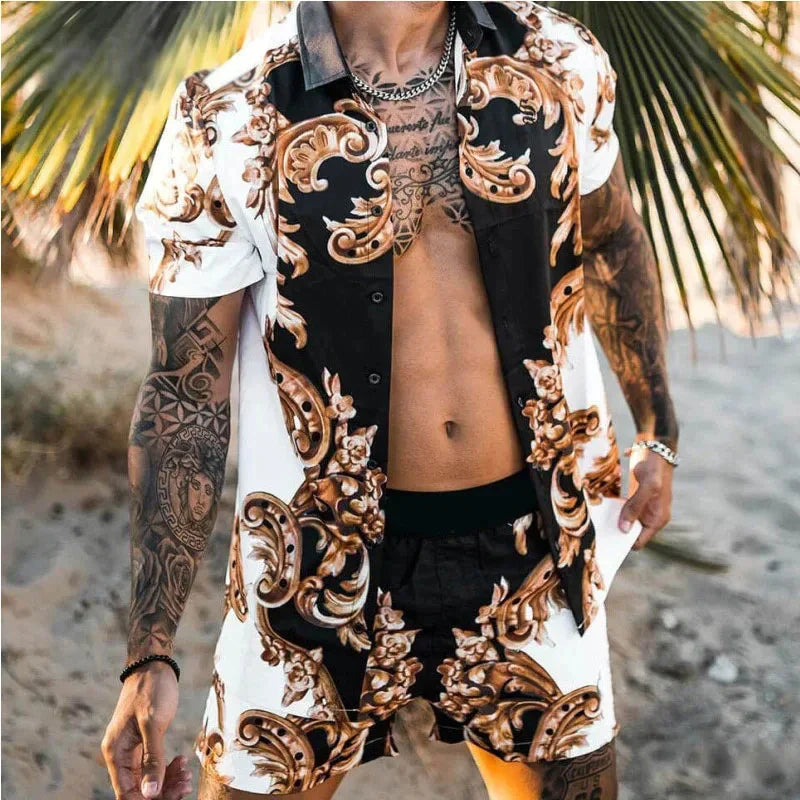 Heren tweedelige zomerset met opvallende print, comfortabel voor strand of festival.