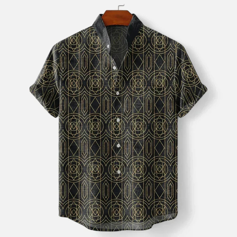 Modern herenhemd met unieke artistieke print, korte mouwen en comfortabele ontspannen pasvorm.