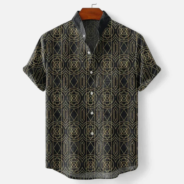 Modern herenhemd met unieke artistieke print, korte mouwen en comfortabele ontspannen pasvorm.