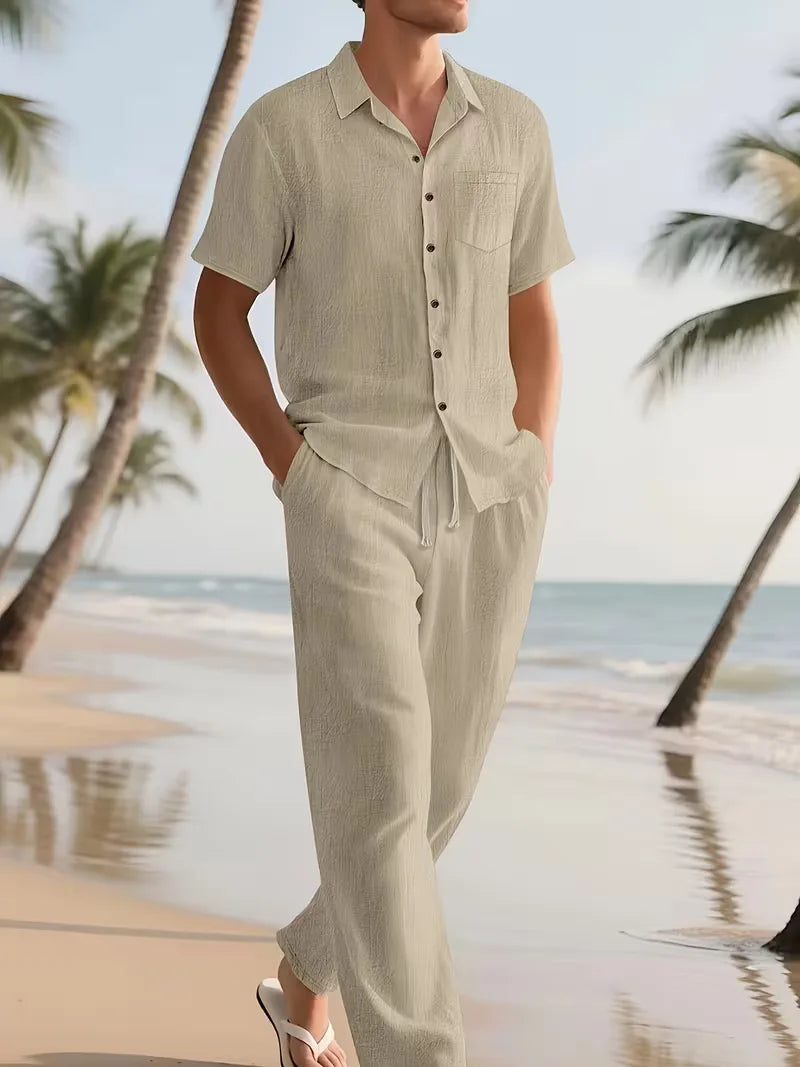 Heren zomerset: comfortabel V-hals shirt korte mouwen & broek rechte pijpen, ideaal voor warme dagen.