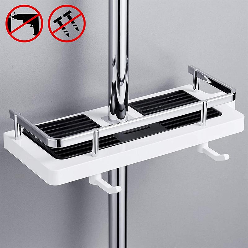Gevuld borenvrij douche opbergrek met flessen, creëert direct orde in je badkamer. Stijlvol aluminium.
