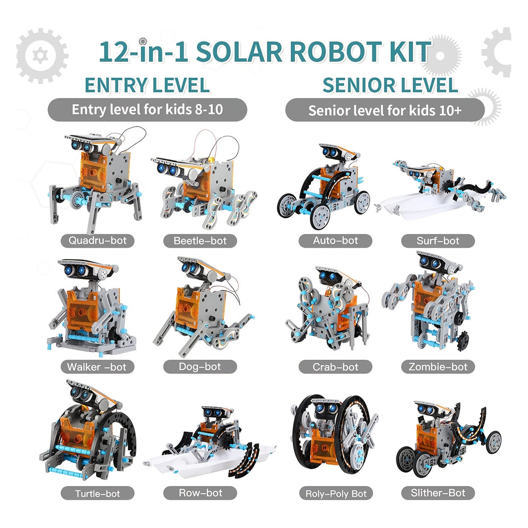 Close-up van een kind dat een solar robot assembleert, leerzaam STEM bouwpakket met zonne-energie.