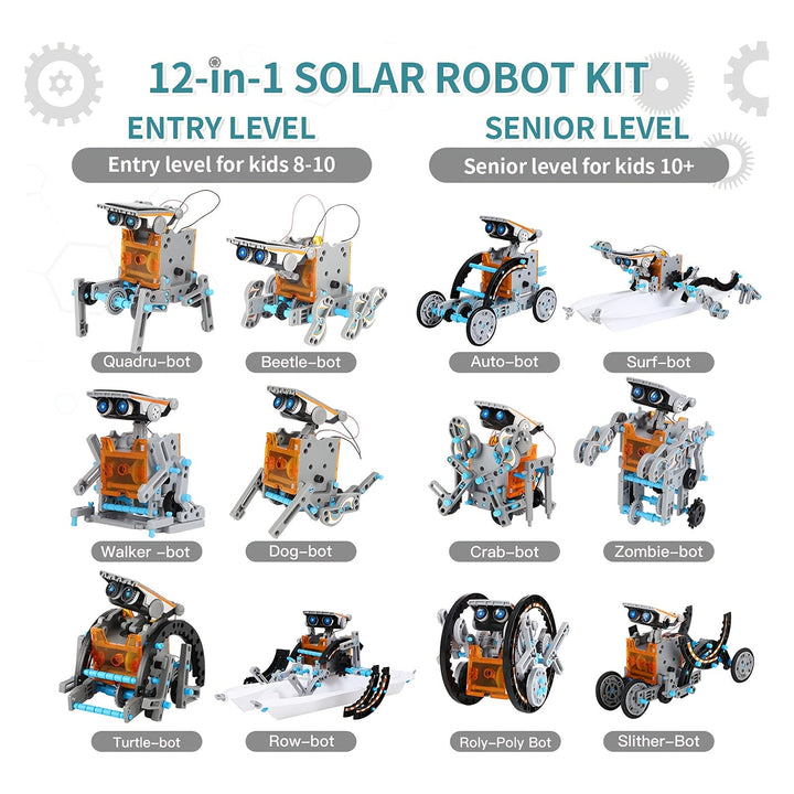Close-up van een kind dat een solar robot assembleert, leerzaam STEM bouwpakket met zonne-energie.