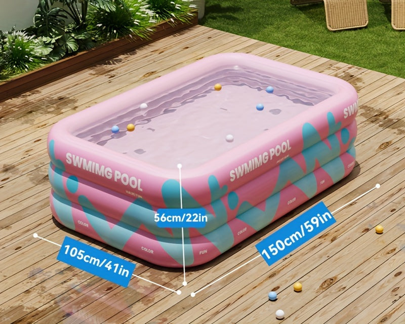 Lekbestendig opblaasbaar familiezwembad, van robuust PVC voor zorgeloos zomerplezier en verkoeling in de tuin.