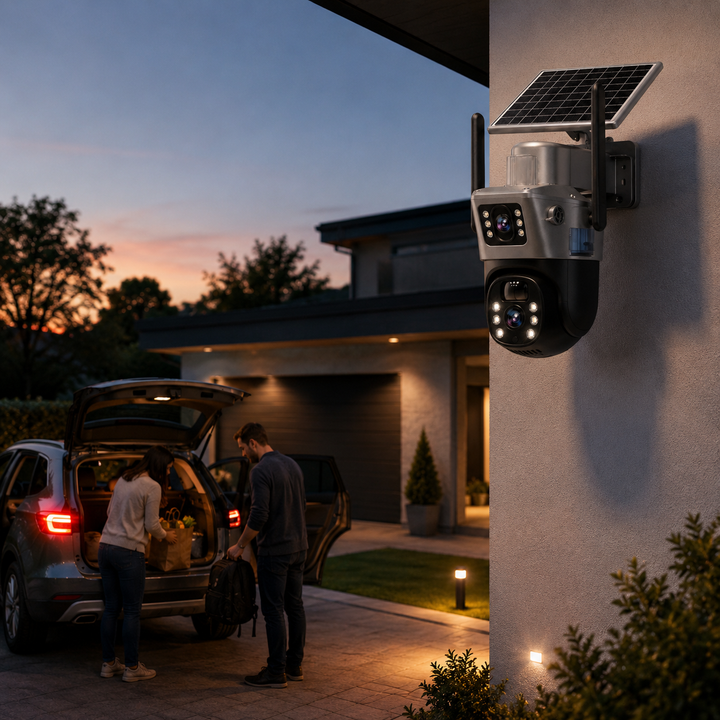Draadloze 4K camera met zonnepaneel, Wi-Fi/4G connectiviteit en 360° beveiliging.