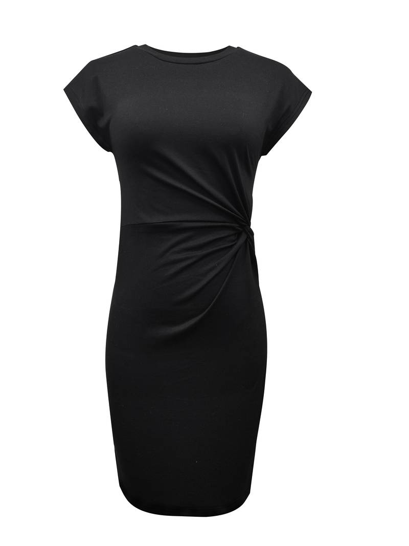Zwarte dames midi jurk met trendy gedraaide voorkant en een elegante pasvorm, ideaal voor avonden uit.