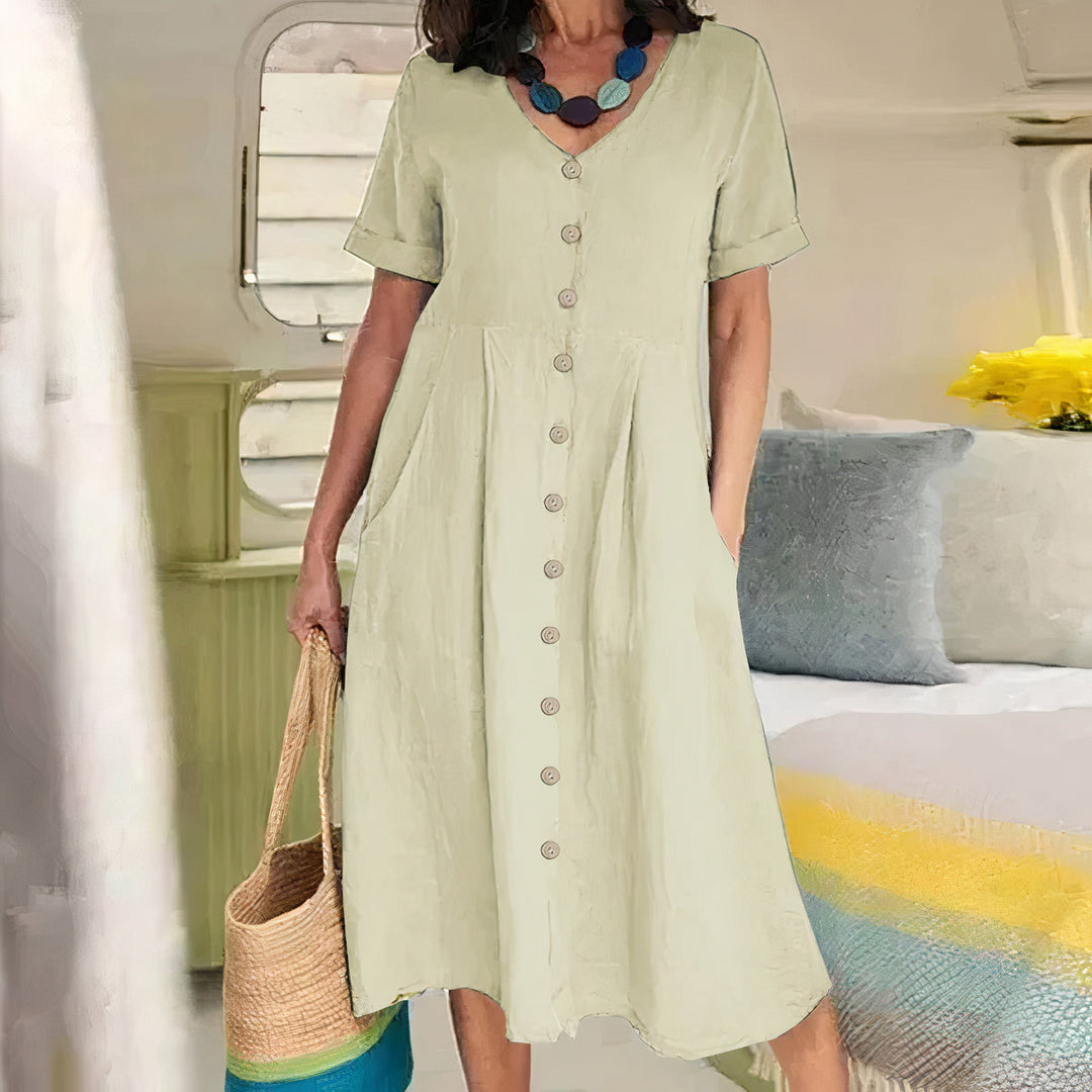 Stijlvolle katoen-linnen dames zomerjurk, losvallend model en ademend voor een frisse look.