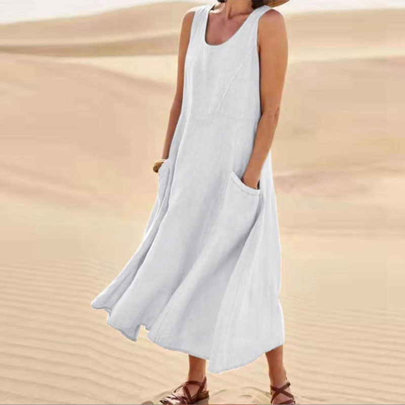 Losvallende casual zomerjurk voor dames, mouwloos design met handige zijzakken.