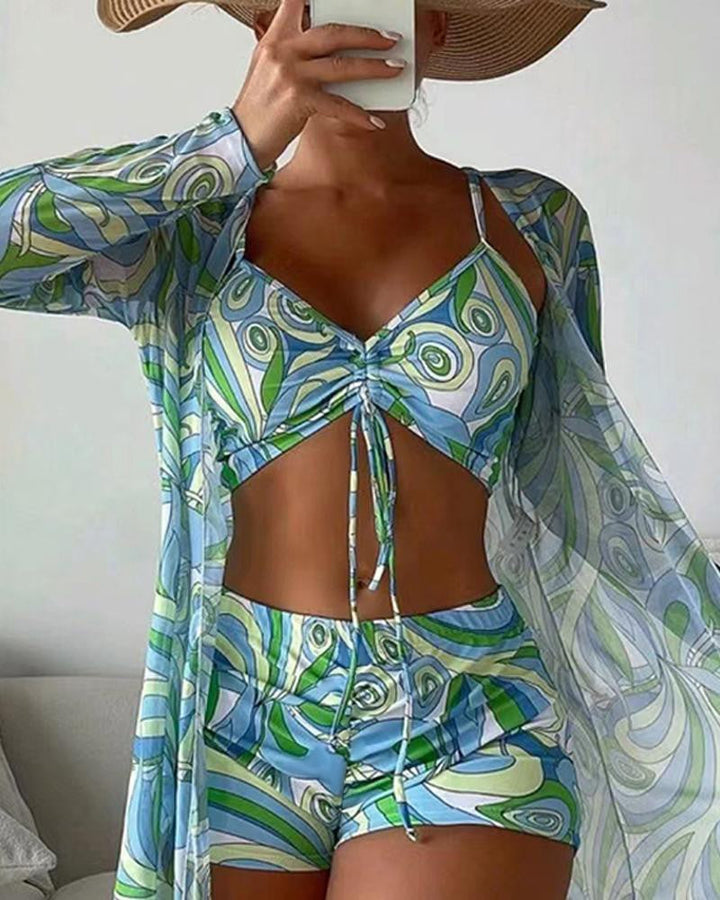 Driedelige set dames: bikini, top & kaftan, voor een trendy en ontspannen look.