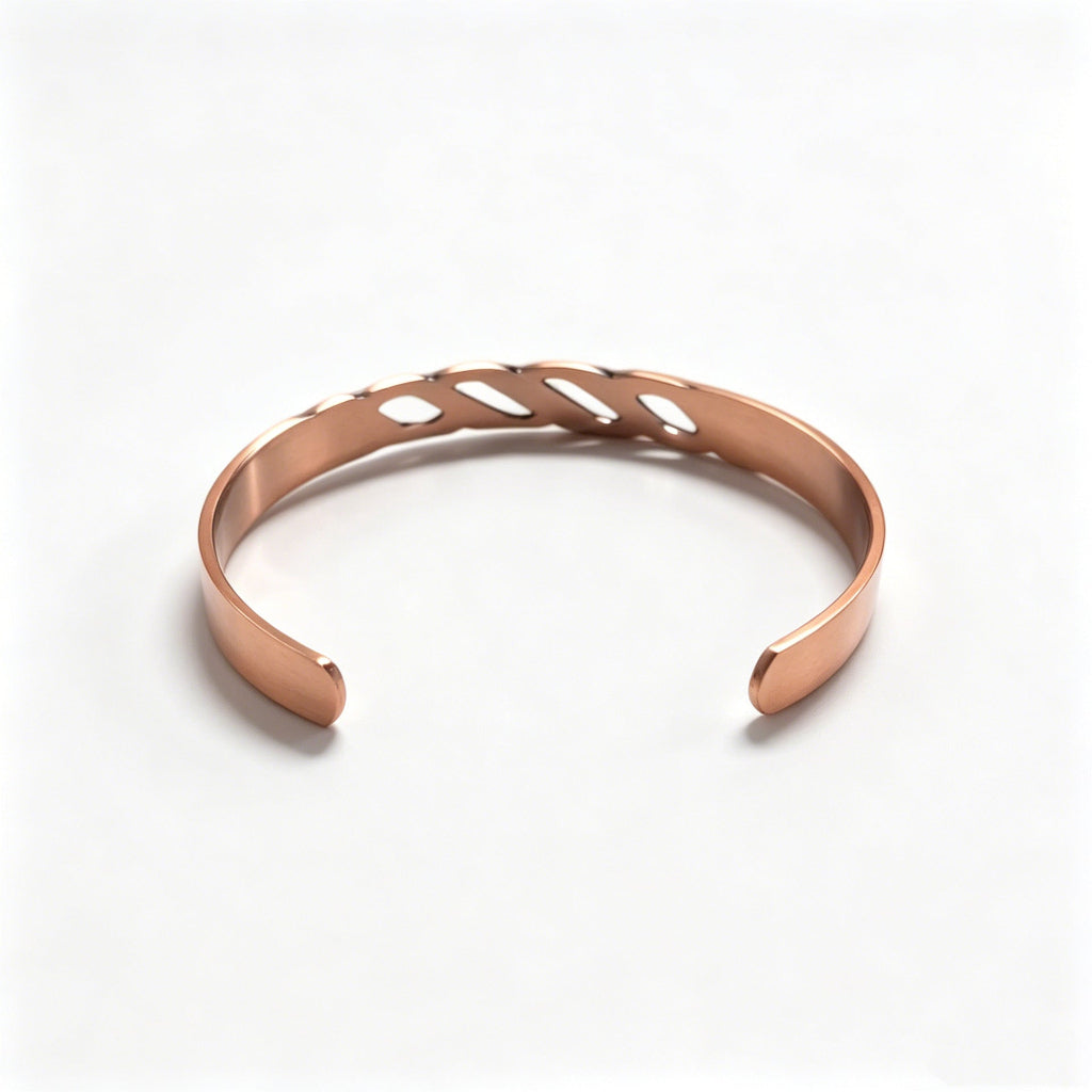 Dames sieraad: koperen armband met sprankelende paarse zirkonia en het tijdloze oneindigheidsteken.