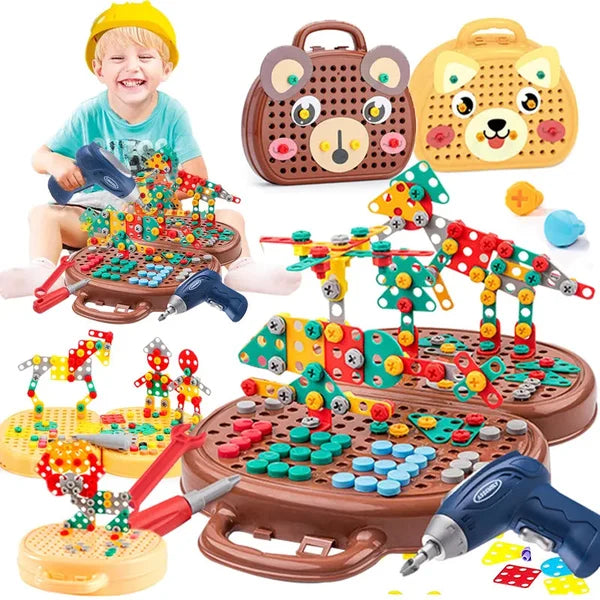 Vrolijke kinderen spelen met de Magische Montessori bouwspeelgoedkist; stimuleert leren en creativiteit.