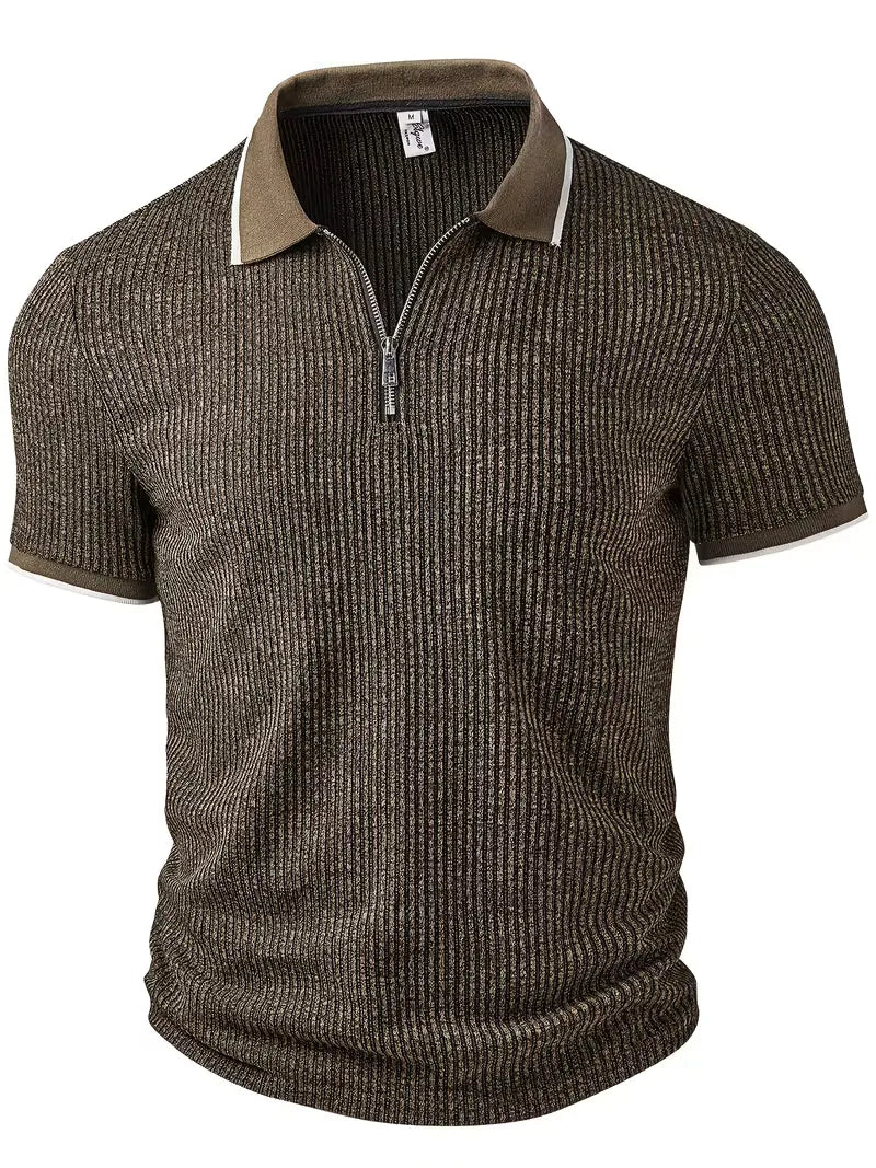 Casual geribbelde herenpolo met rits, korte mouwen, ideaal voor smart-casual lente/zomer outfits.