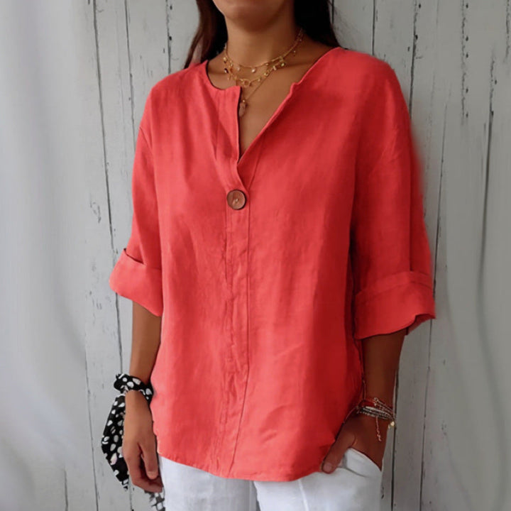 Damesblouse CJ26 in relaxte pasvorm. Modieus, comfortabel met V-hals en 3/4 mouw. Veelzijdig.