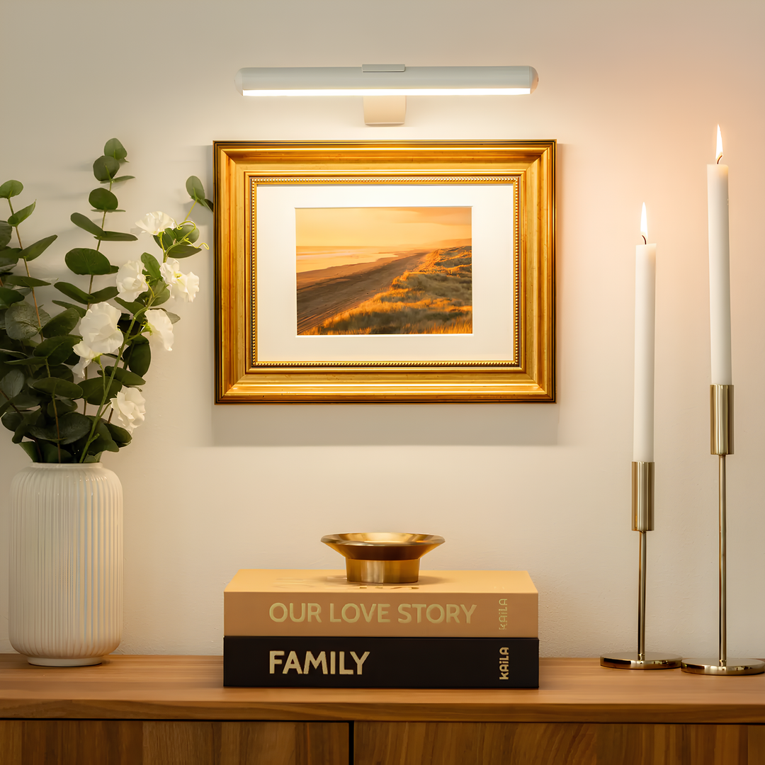 Stijlvolle ArtGlow schilderijlamp, draadloos en oplaadbaar, voor een subtiele sfeerverlichting.