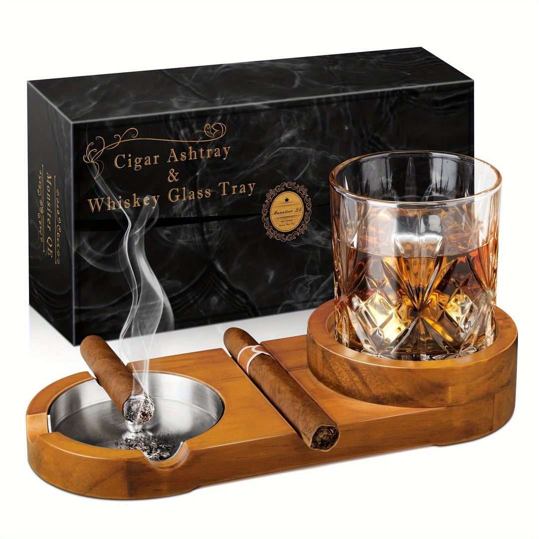 Luxe houten sigaren- en whiskyschaal met RVS asbak voor de sigarenliefhebber. Perfect herencadeau.