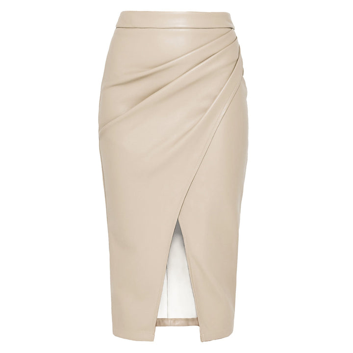 Trendy dames midirok met een luxe uitstraling en subtiele zijplooi, stijlvol voor elke gelegenheid.