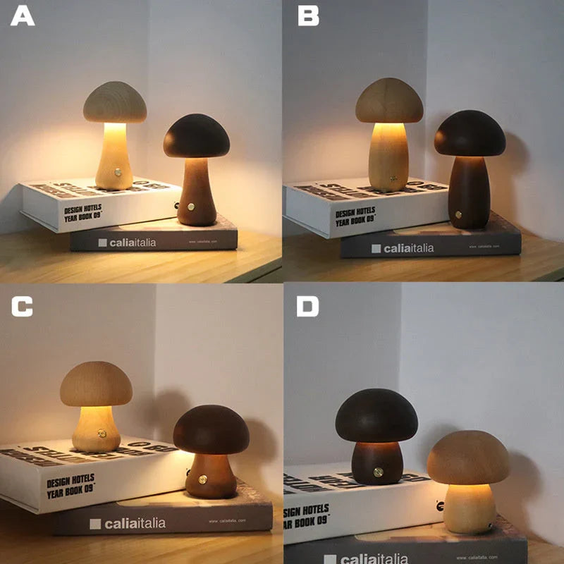 Duurzaam houten nachtlampje, paddenstoel design met energiezuinige LED verlichting voor kinderen.