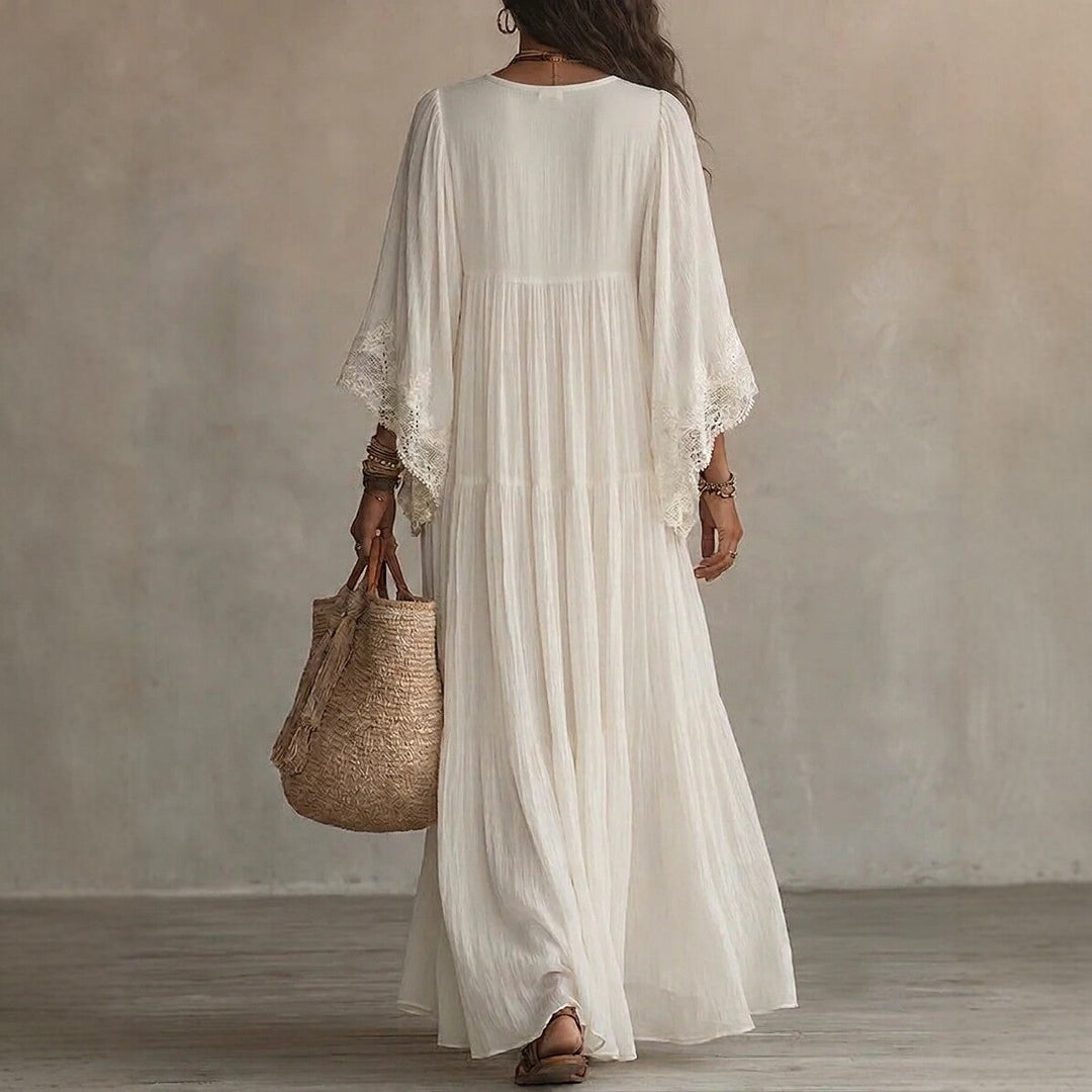 Luchtige boho maxi-jurk (CJ26) voor dames, met losse pasvorm, delicate kanten V-hals en stijlvolle vleermuismouwen.