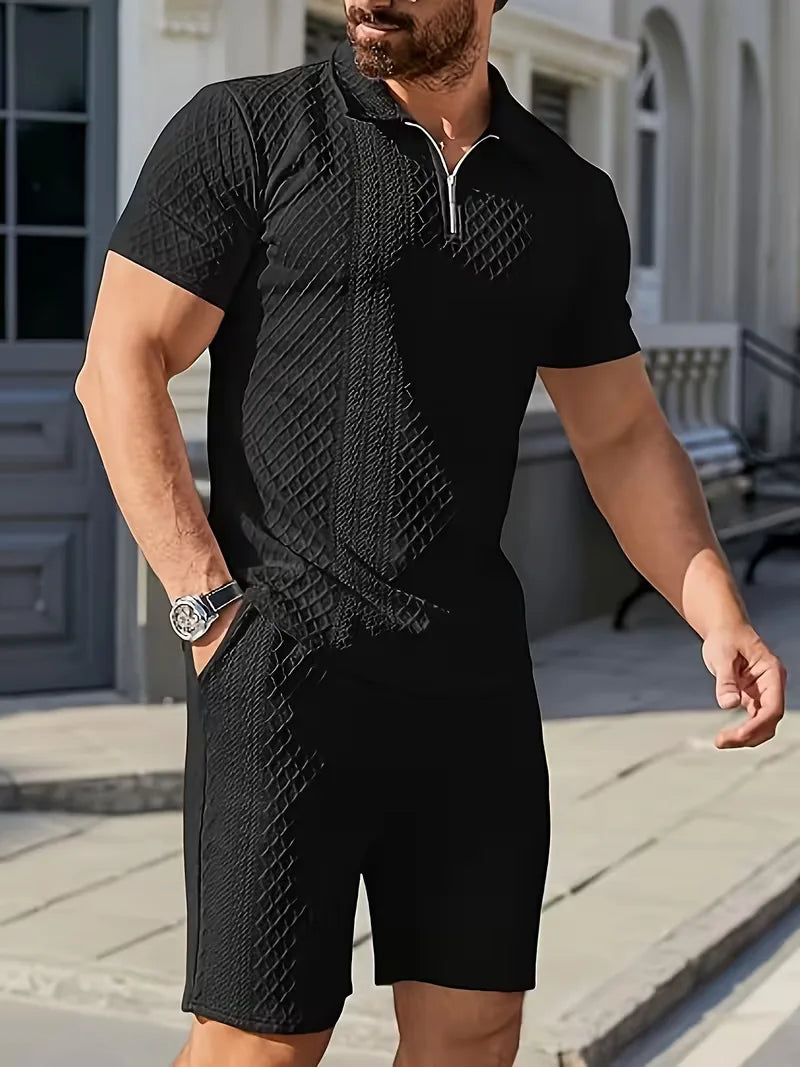 Comfortabele heren zomer set, regular fit: polo met rits & shorts. Perfect voor casual vrijetijd.