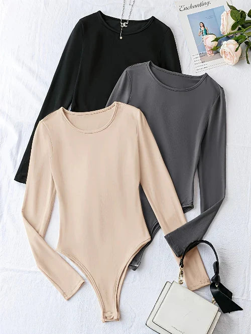 Veelzijdige damesbodysuit met lange mouw, comfortabel basisstuk in 3-pack voor een casual stijl.