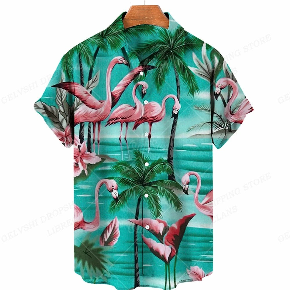 Kleurrijk herenoverhemd met 3D flamingo print. Ideaal voor casual Hawaii zomerlook of als strandkleding.